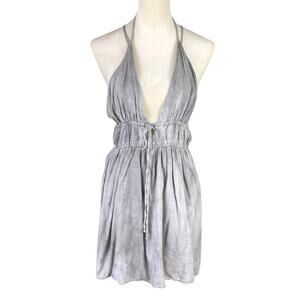 Honey Punch Stonewash Gray Open Back Strappy Ties Halter Neck Soft Mini Dress